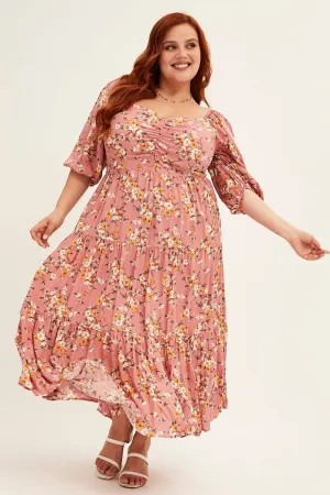 Sophisticated Design Ditsy Print Short Puff Sleeve Pink Ditsy Rayon Midi Dress