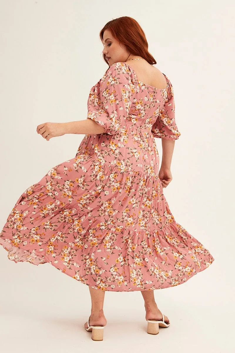 Ditsy Print Short Puff Sleeve Pink Ditsy Rayon Midi Dress Classic Woman