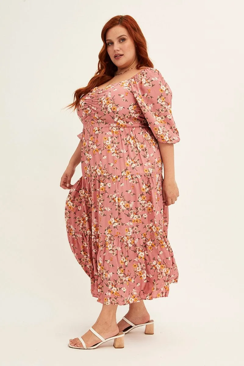 Sequin Glow Ditsy Print Short Puff Sleeve Pink Ditsy Rayon Midi Dress
