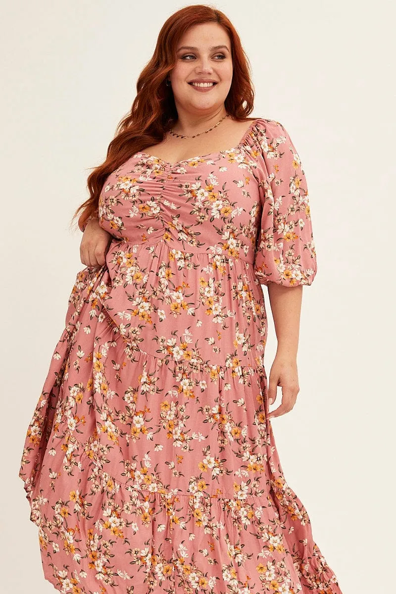Polished Look Ditsy Print Short Puff Sleeve Pink Ditsy Rayon Midi Dress