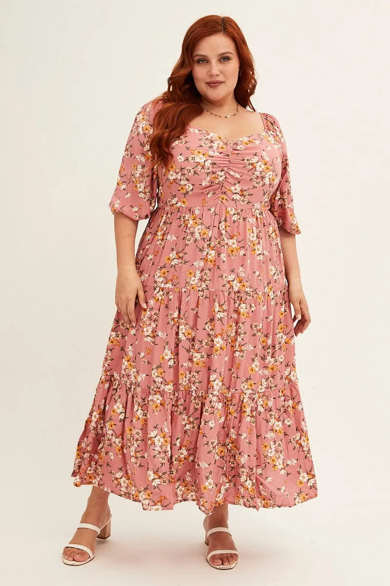 Trendy Appearance Ditsy Print Short Puff Sleeve Pink Ditsy Rayon Midi Dress