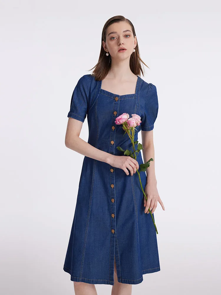 Contemporary Look breath easy Denim Puff Sleeves Single-Breasted Women Midi Dress