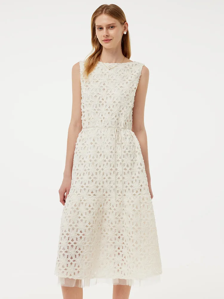 Embroidered Mesh Women Vest Midi Dress With Belt Fashionable details Relaxed fit for outings