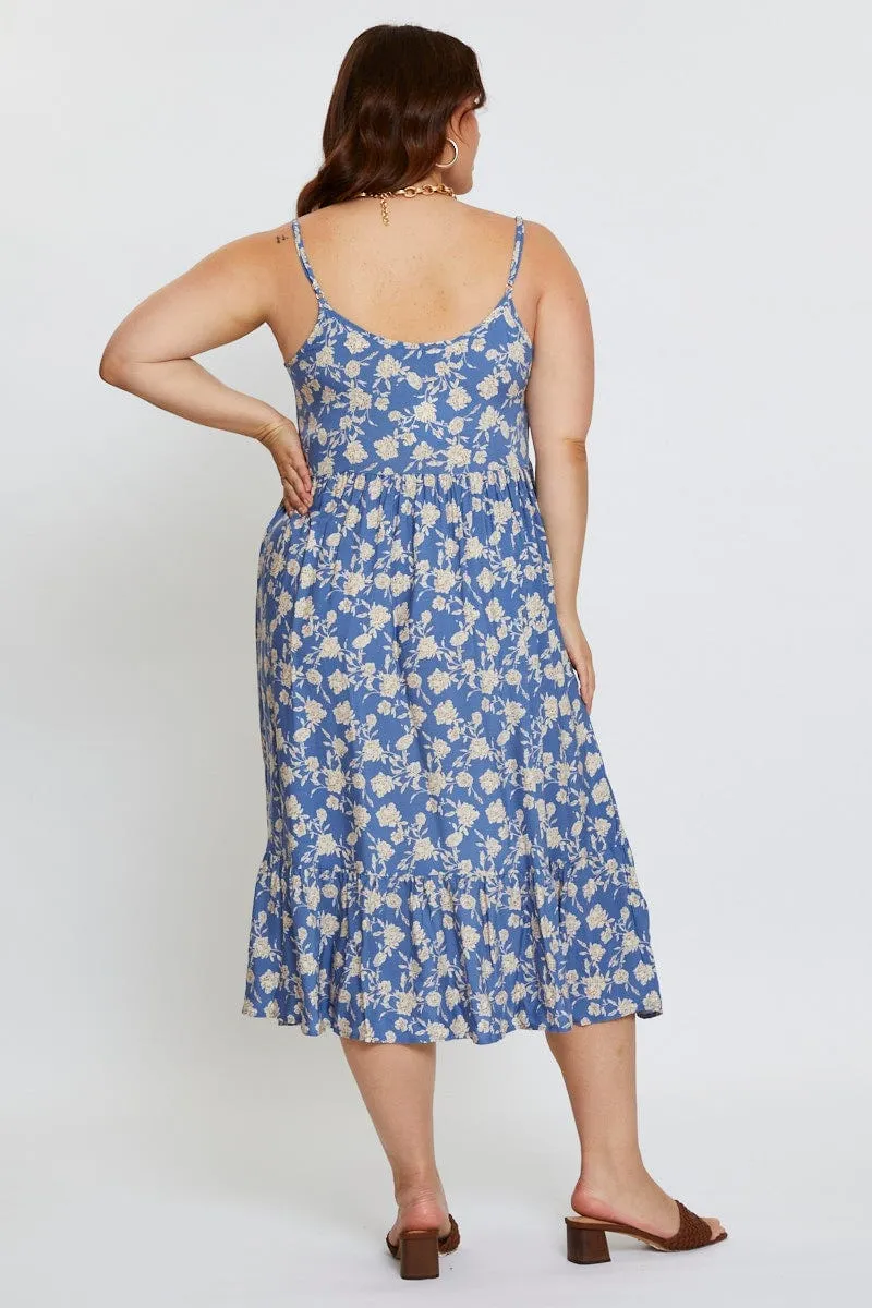 Wearable Art Floral Print Midi Dress Square Neck Sleeveless