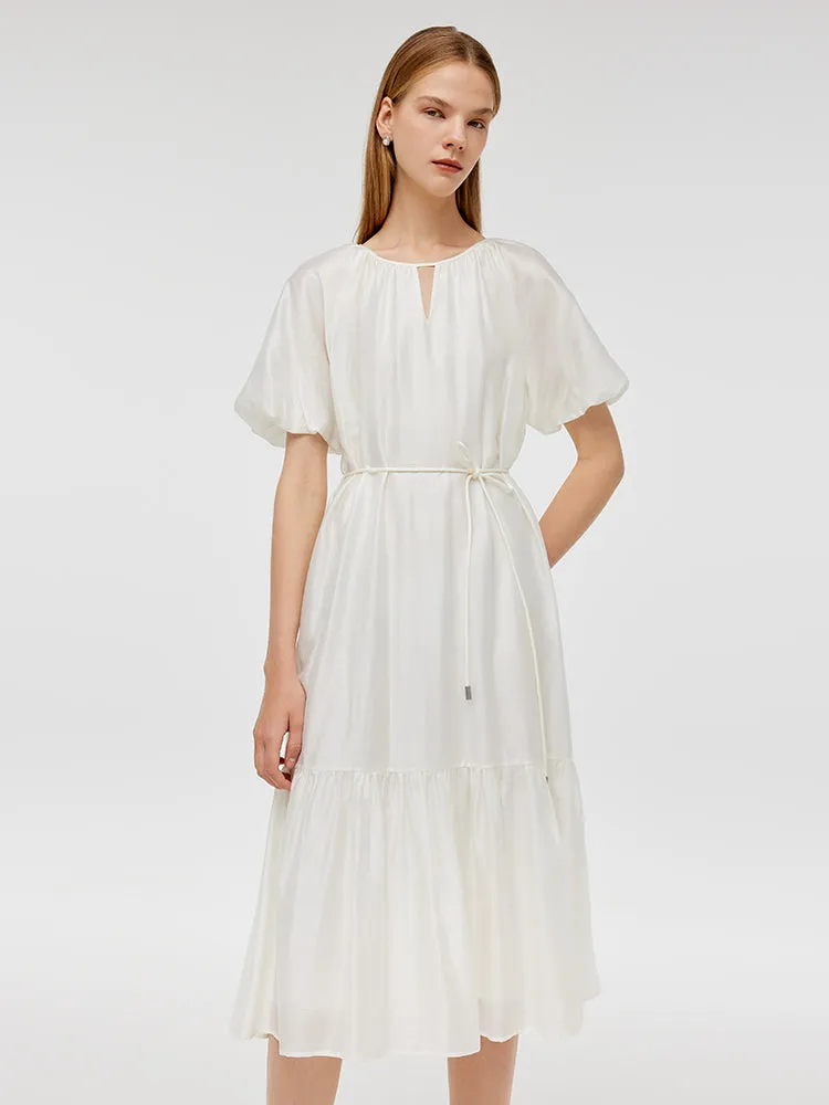 Puff Sleeves Ruffle Hem Women Midi Dress With String Belt Harbor Light All-Season Style