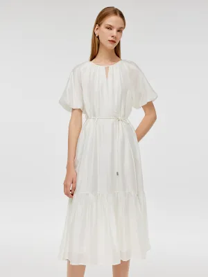 Puff Sleeves Ruffle Hem Women Midi Dress With String Belt European Charm Autumn Stroll