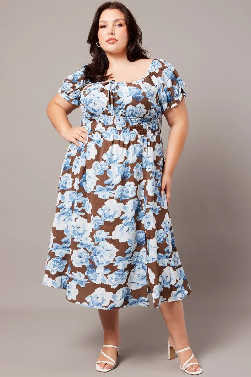 Any Season Trendy Outfit Brown Floral Midi Dress Short Sleeve Ruched Bust