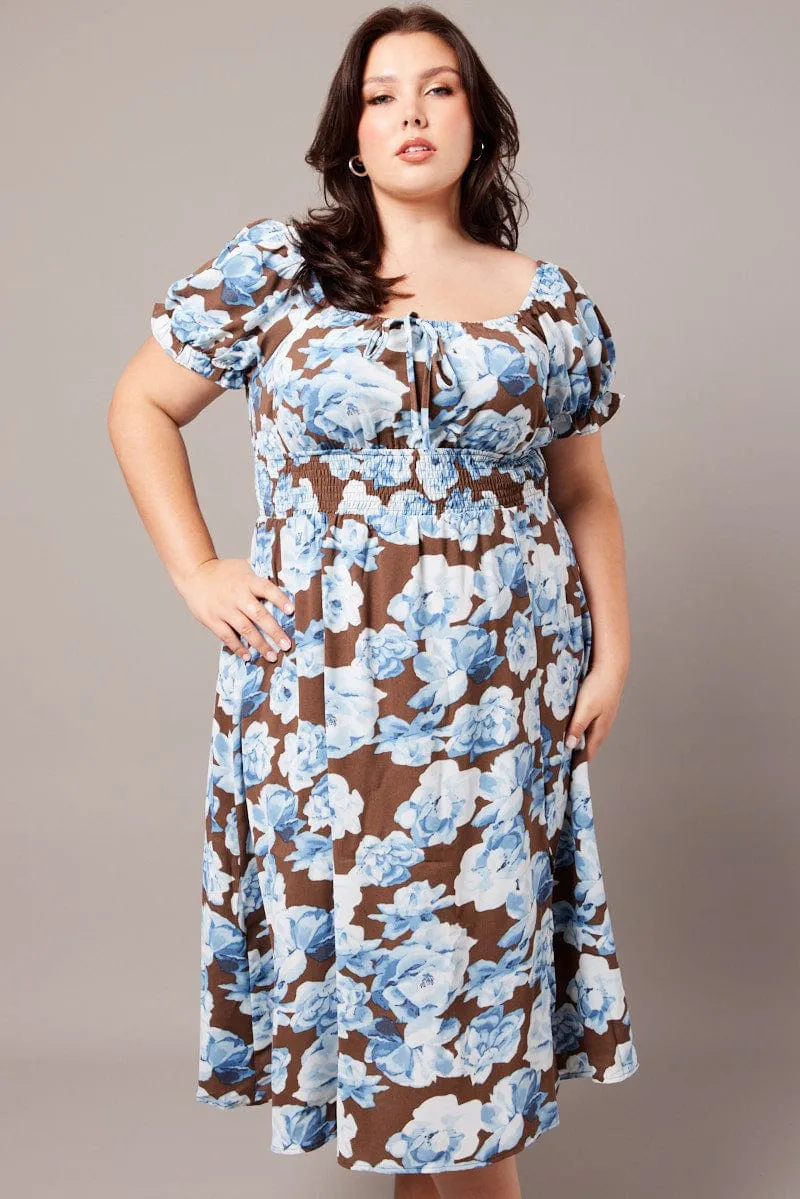 Smart Chic Style Comfortable formal midi Brown Floral Midi Dress Short Sleeve Ruched Bust