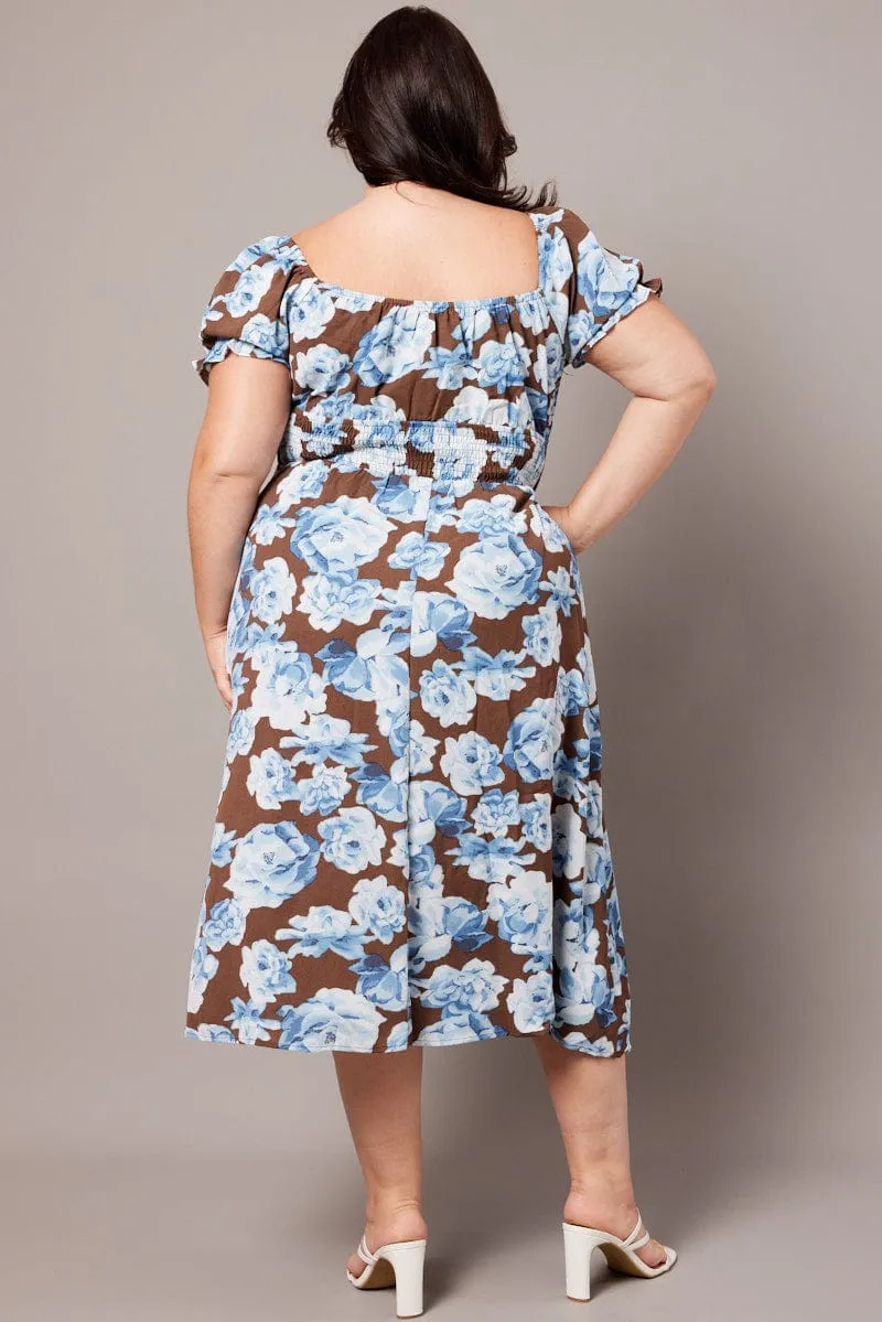 Brown Floral Midi Dress Short Sleeve Ruched Bust Work Smart Contemporary Wear