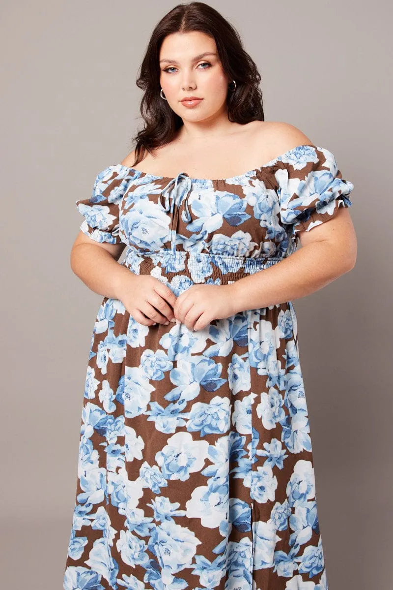 Brown Floral Midi Dress Short Sleeve Ruched Bust Chic Silhouette Classy Attire