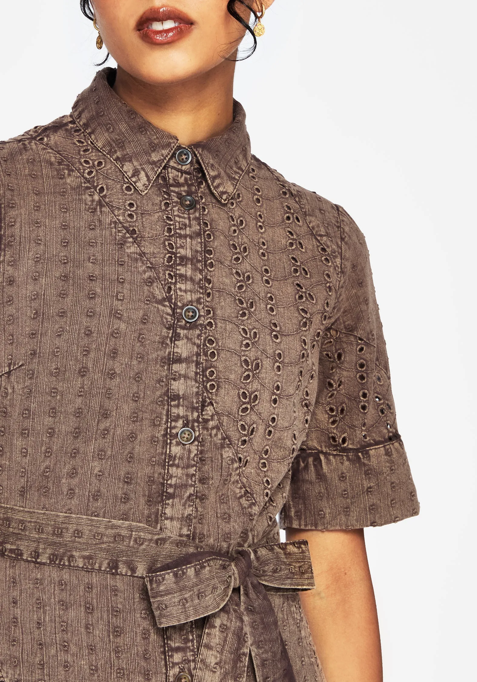 Gem Shine Summerisle Cotton Broderie Detail Tie Wrap Midi Shirt Dress