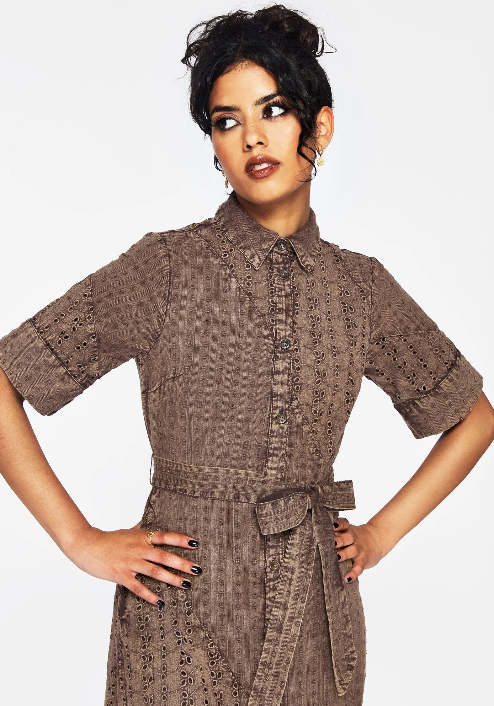 Summerisle Cotton Broderie Detail Tie Wrap Midi Shirt Dress Stylish options