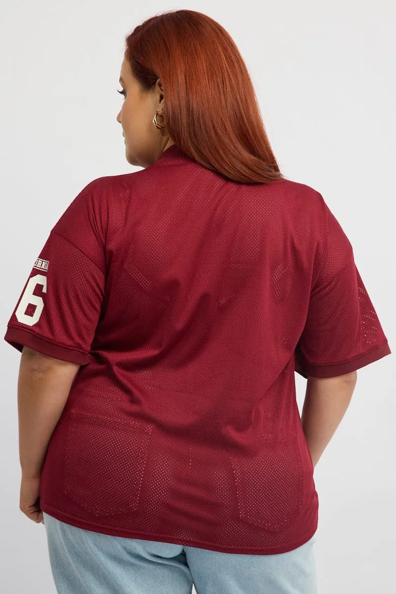 Red Graphic T-shirt Short Sleeve Collared Neck Comfy Look