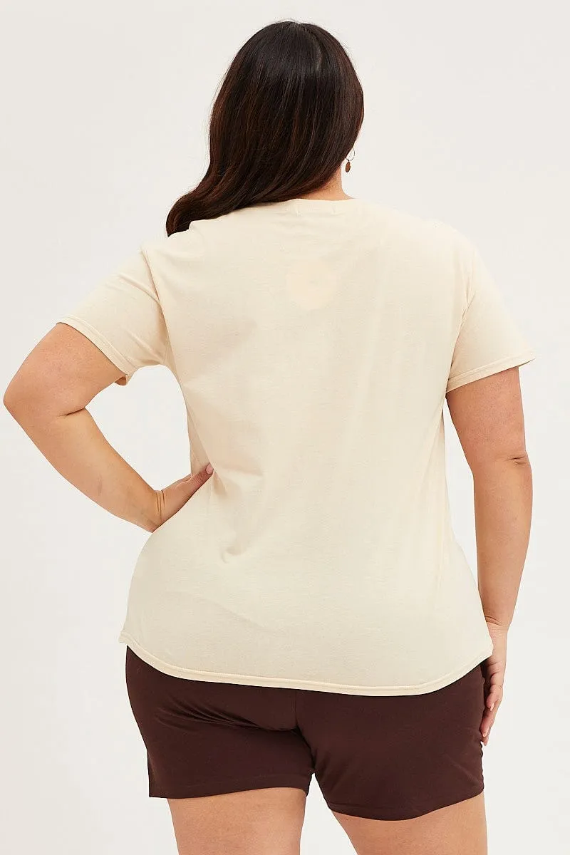 Easy Layering Smart Casual Look Beige Graphic T-shirt Utah Short Sleeve Cotton