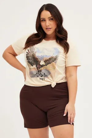 Beige Graphic T-shirt Utah Short Sleeve Cotton Breathable Look