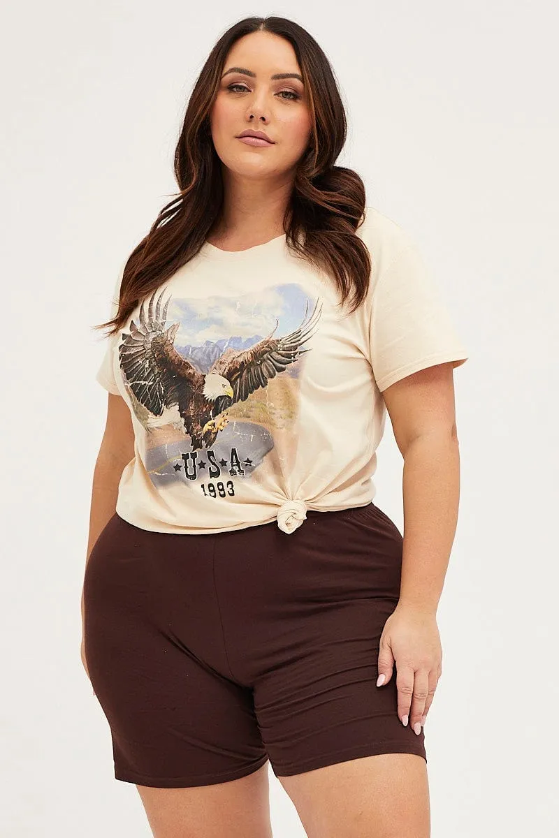 Beige Graphic T-shirt Utah Short Sleeve Cotton Anti-bacterial