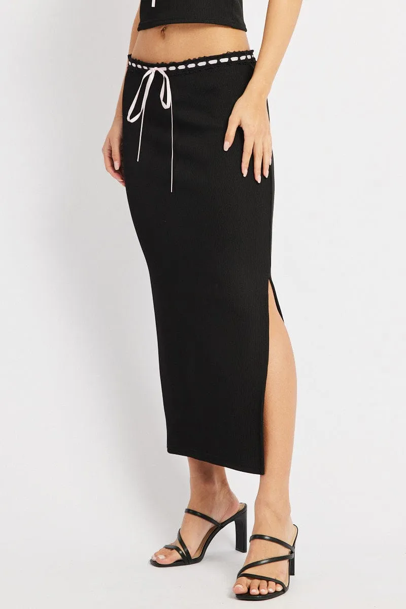 Chic Fit On-The-Go Outfit Black Midi Skirt High Rise Lace Detail Rib Jersey