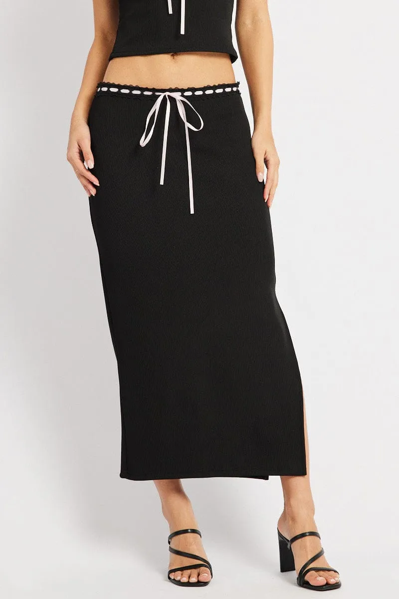 Black Midi Skirt High Rise Lace Detail Rib Jersey Heritage Brand