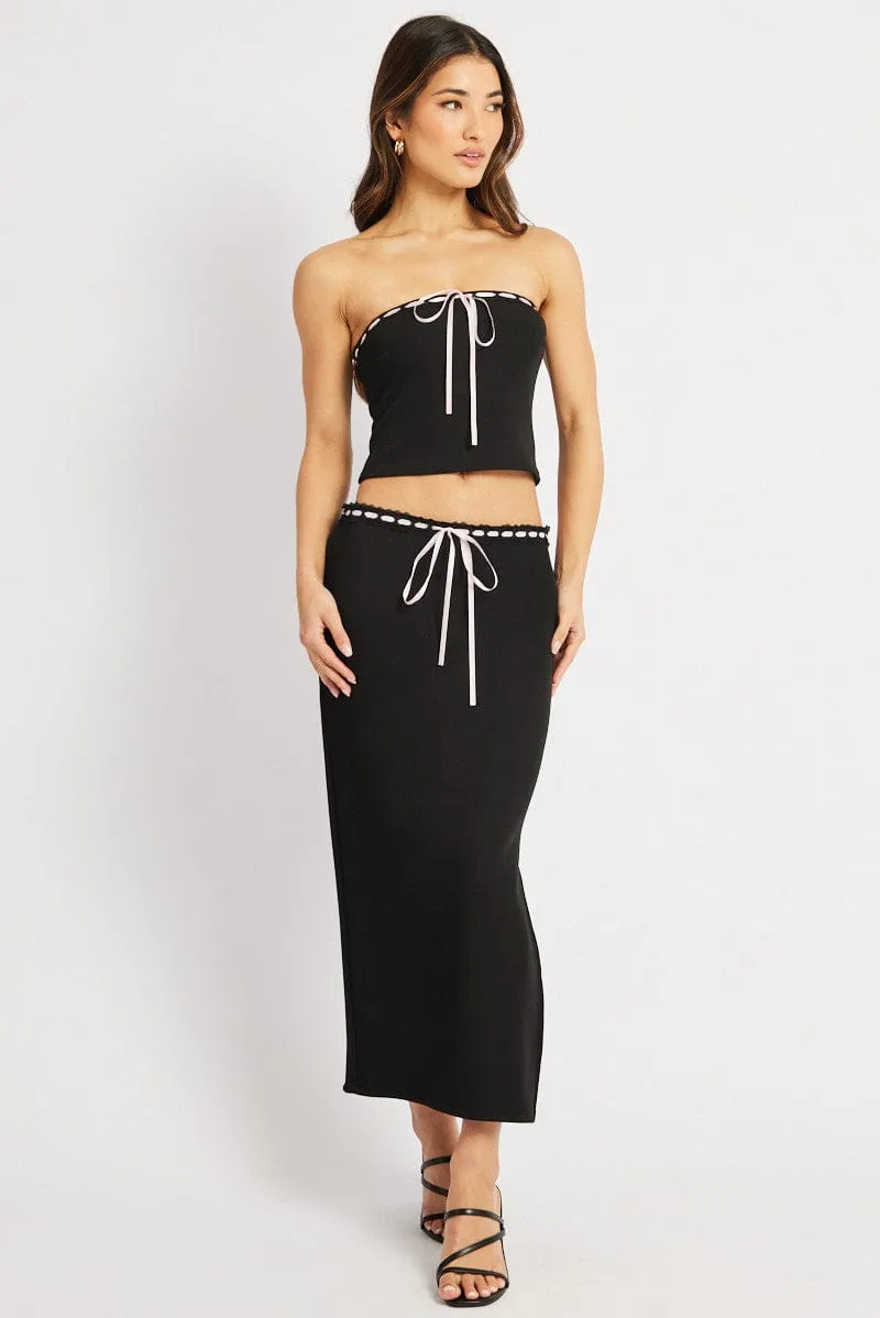 Sustainable Fabric City Wear Black Midi Skirt High Rise Lace Detail Rib Jersey