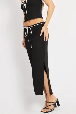 Breezy Look Winter Staple Black Midi Skirt High Rise Lace Detail Rib Jersey