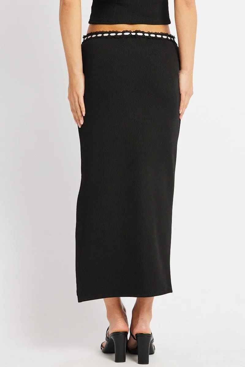Black Midi Skirt High Rise Lace Detail Rib Jersey Outfit Vibes Simple Flow