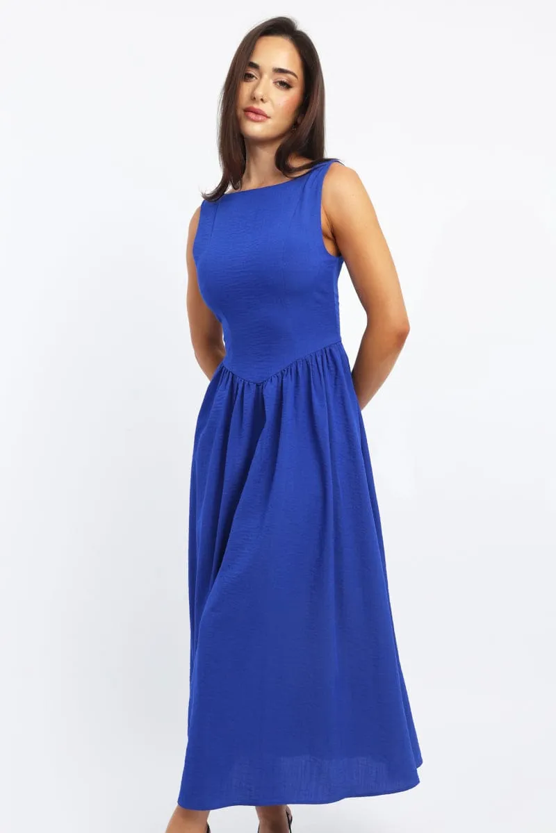 Comfortable event wear Blue Dropped Waist Maxi Dress