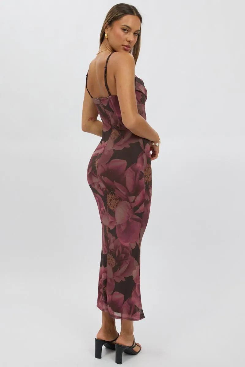 Layering Wear Pink Floral Bodycon Dress Singlet Cowl Neck Maxi