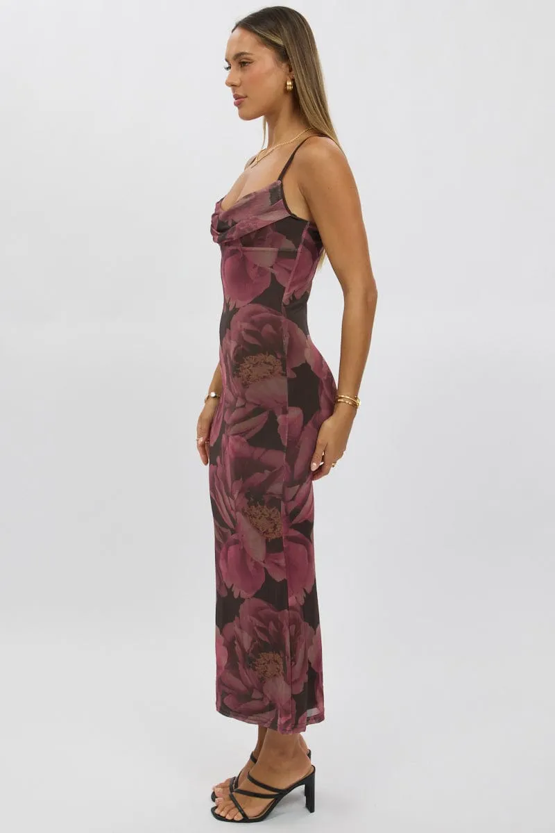 Pink Floral Bodycon Dress Singlet Cowl Neck Maxi Jewel tone