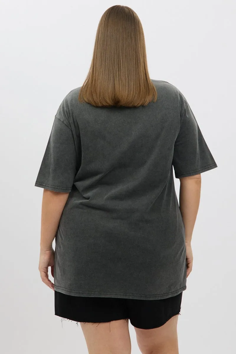 Stretchable Collar Band Grey Graphic T Shirt Short Sleeve Crew Neck