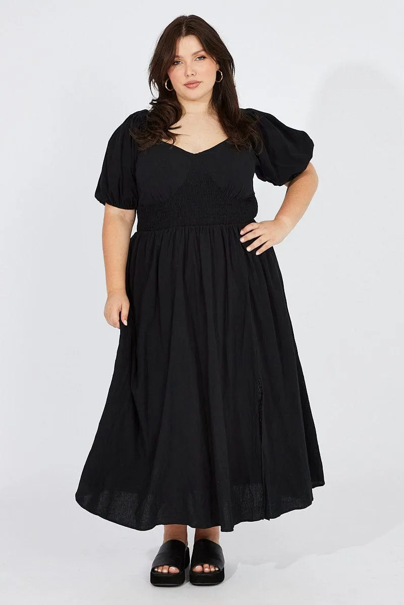 Beach Path Black Midi Dress Puff Sleeve Front Split