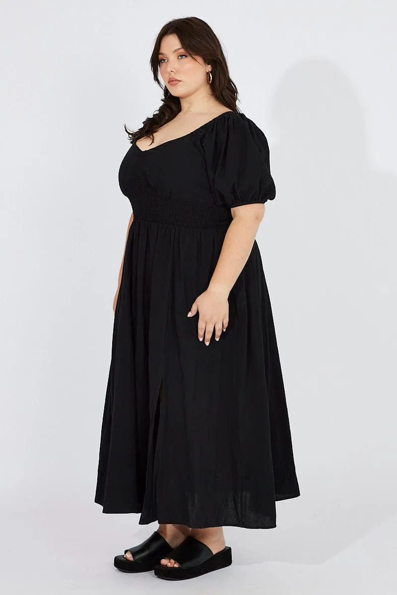 Black Midi Dress Puff Sleeve Front Split Timeless silhouette Blue Hour