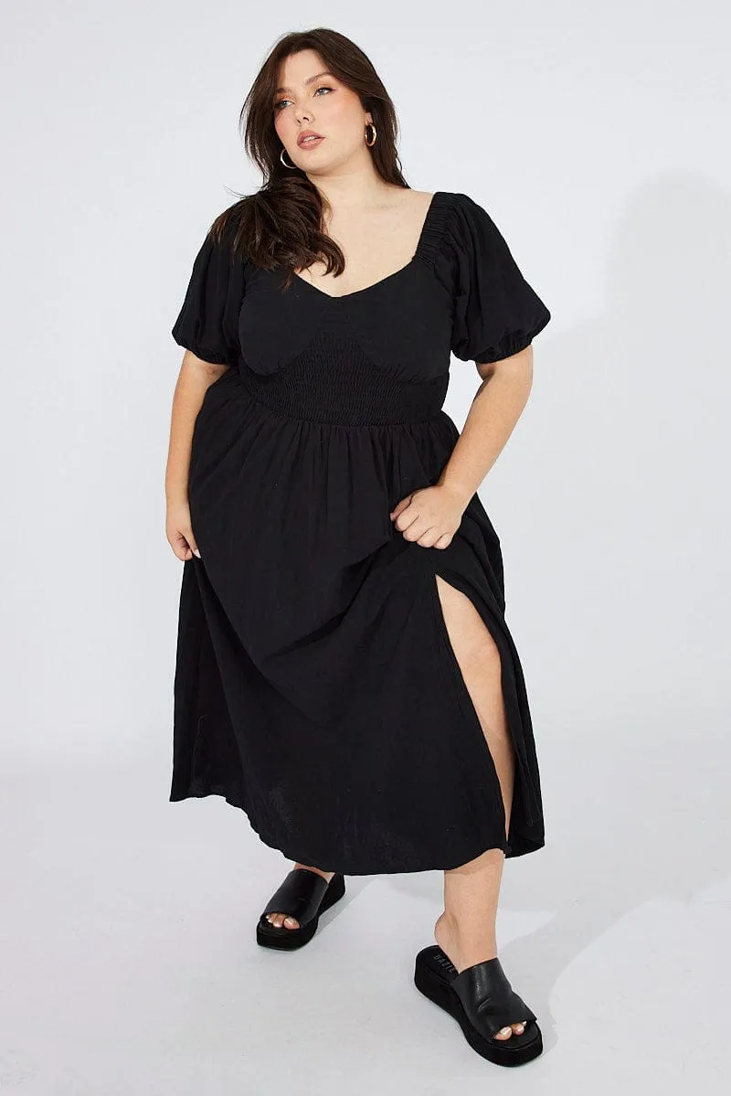 Timelessly stylish midi Versatile Design Black Midi Dress Puff Sleeve Front Split
