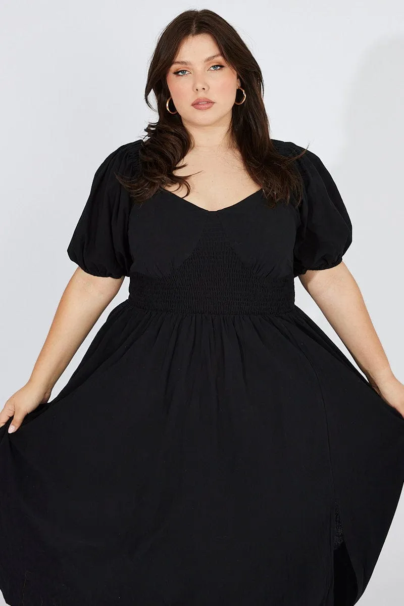 Black Midi Dress Puff Sleeve Front Split Harbor Dock Midi dress with waist tie