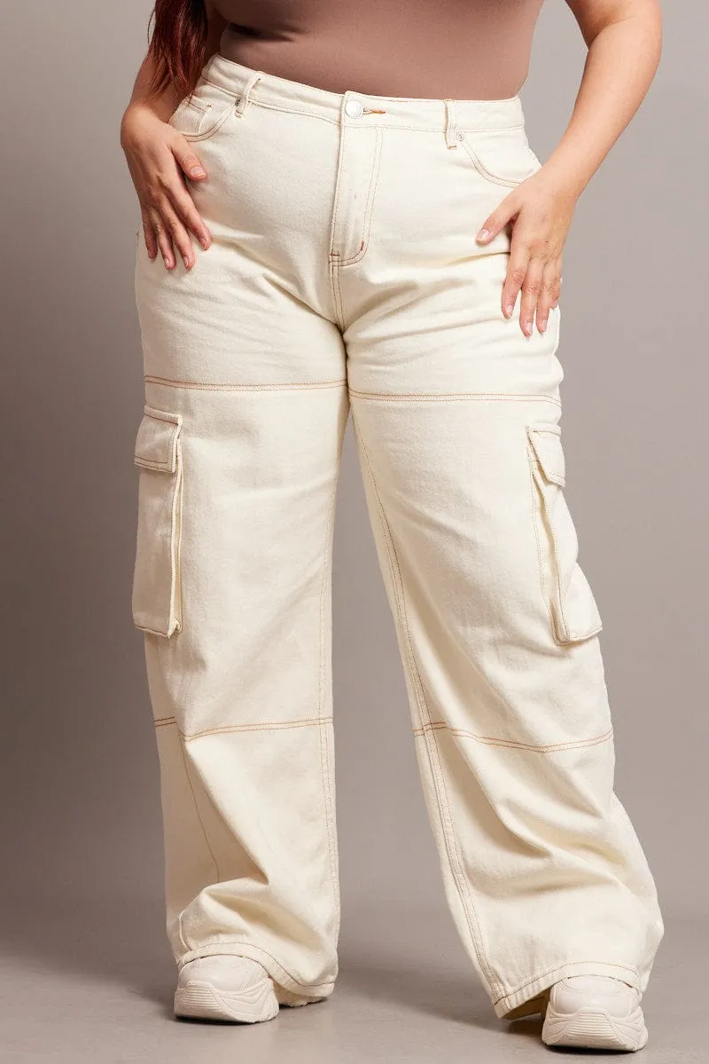 Beach Day Breathable Beige Cargo Jeans High Rise