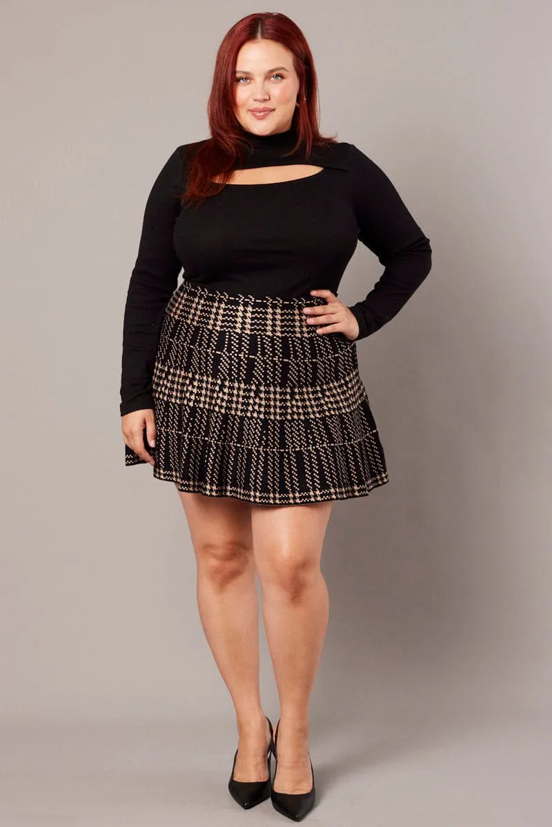 Beige Check Knit Flare Mini Skirt Convertible Style