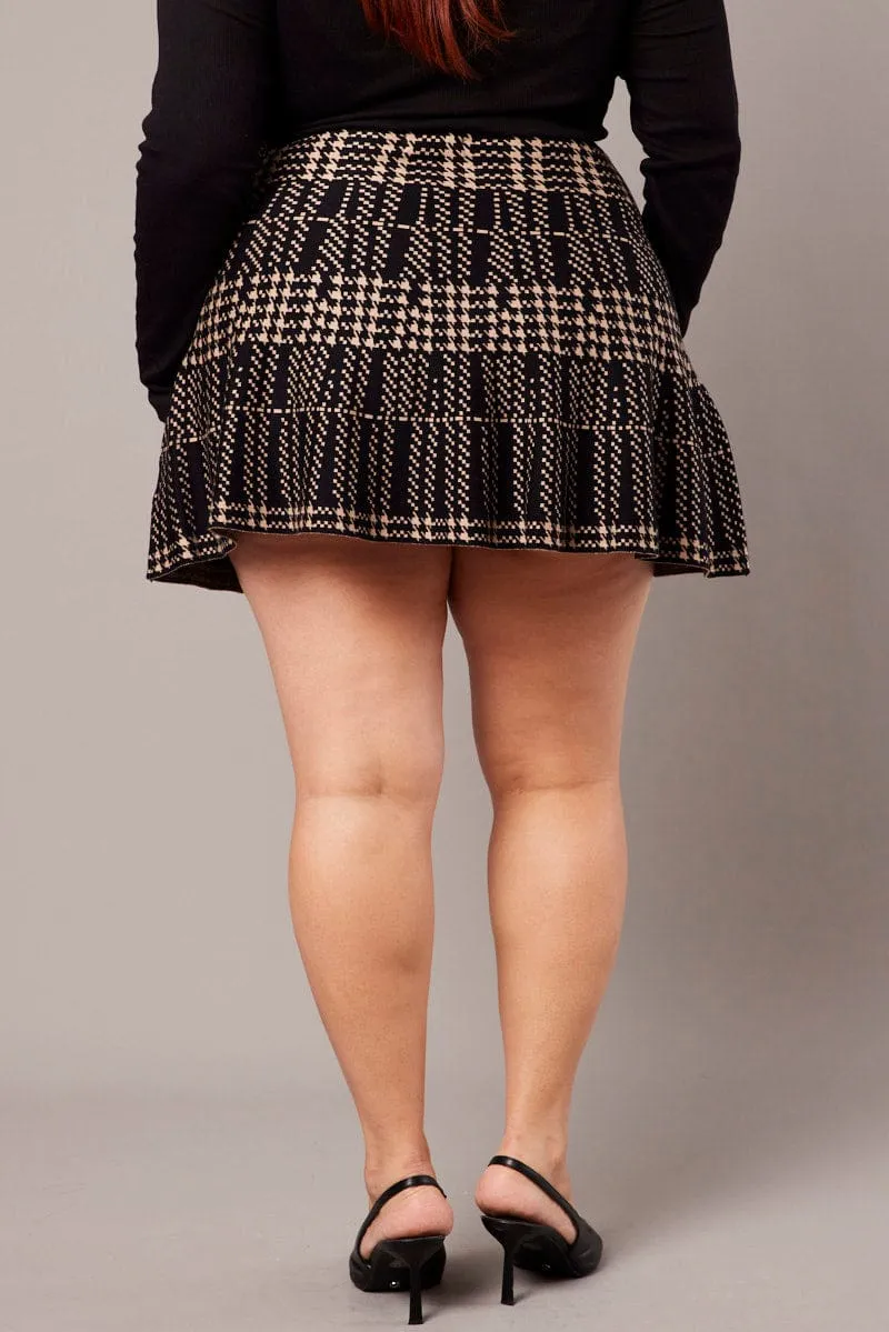 Beige Check Knit Flare Mini Skirt Mood Outfit