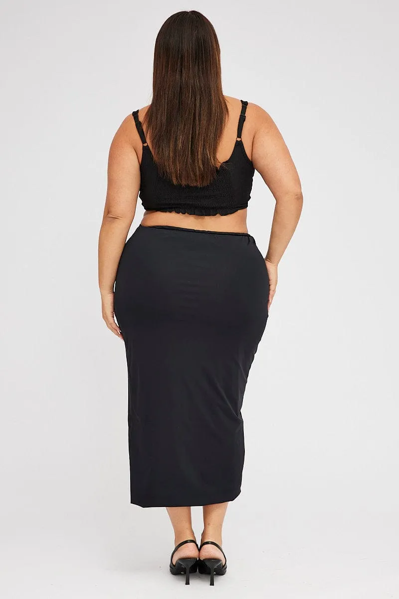 Polished Look Black High Split Long Skirt Jersey