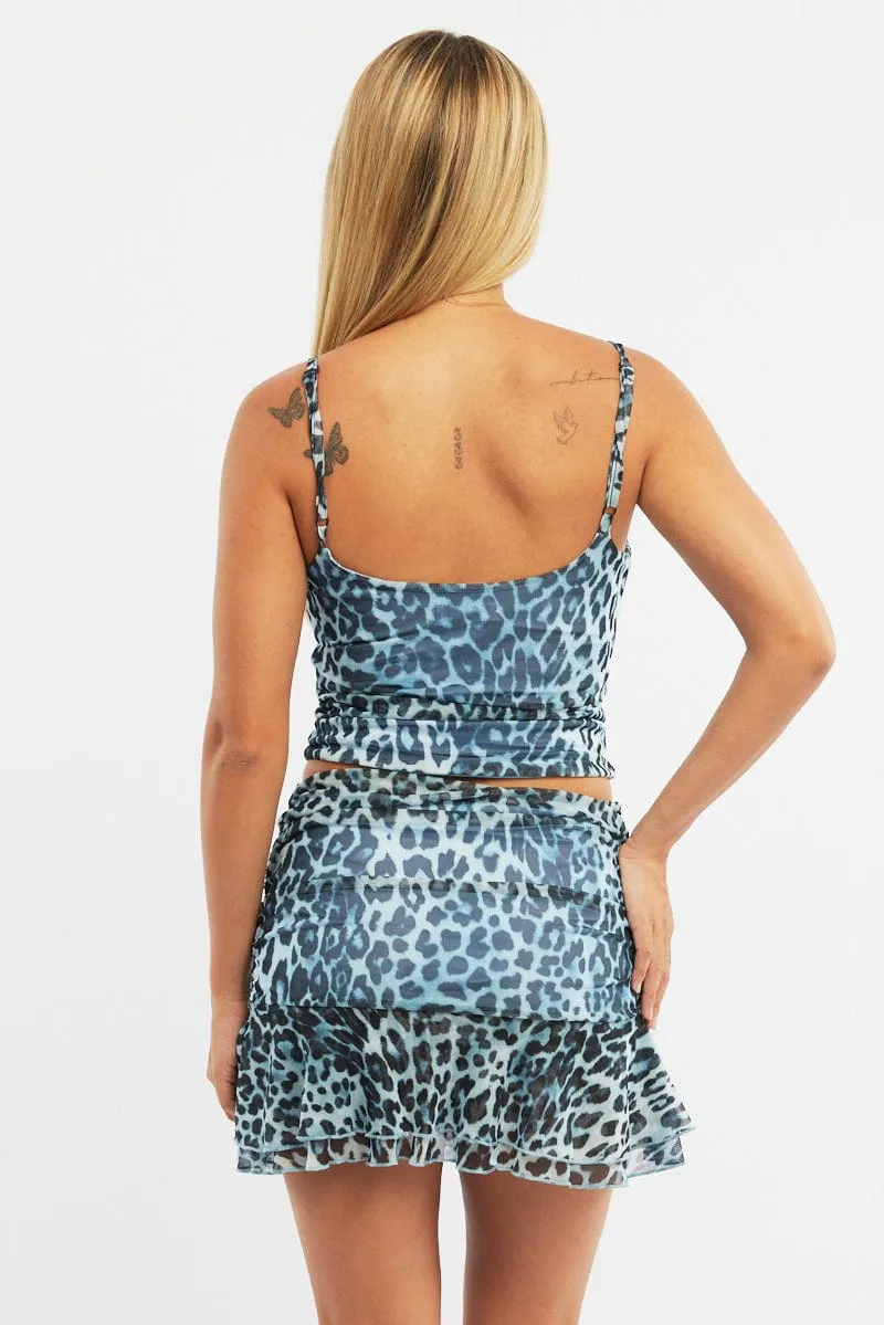 Fresh Detail Blue Animal Print Ruffle Skirt High Waisted Mini Ruched Mesh
