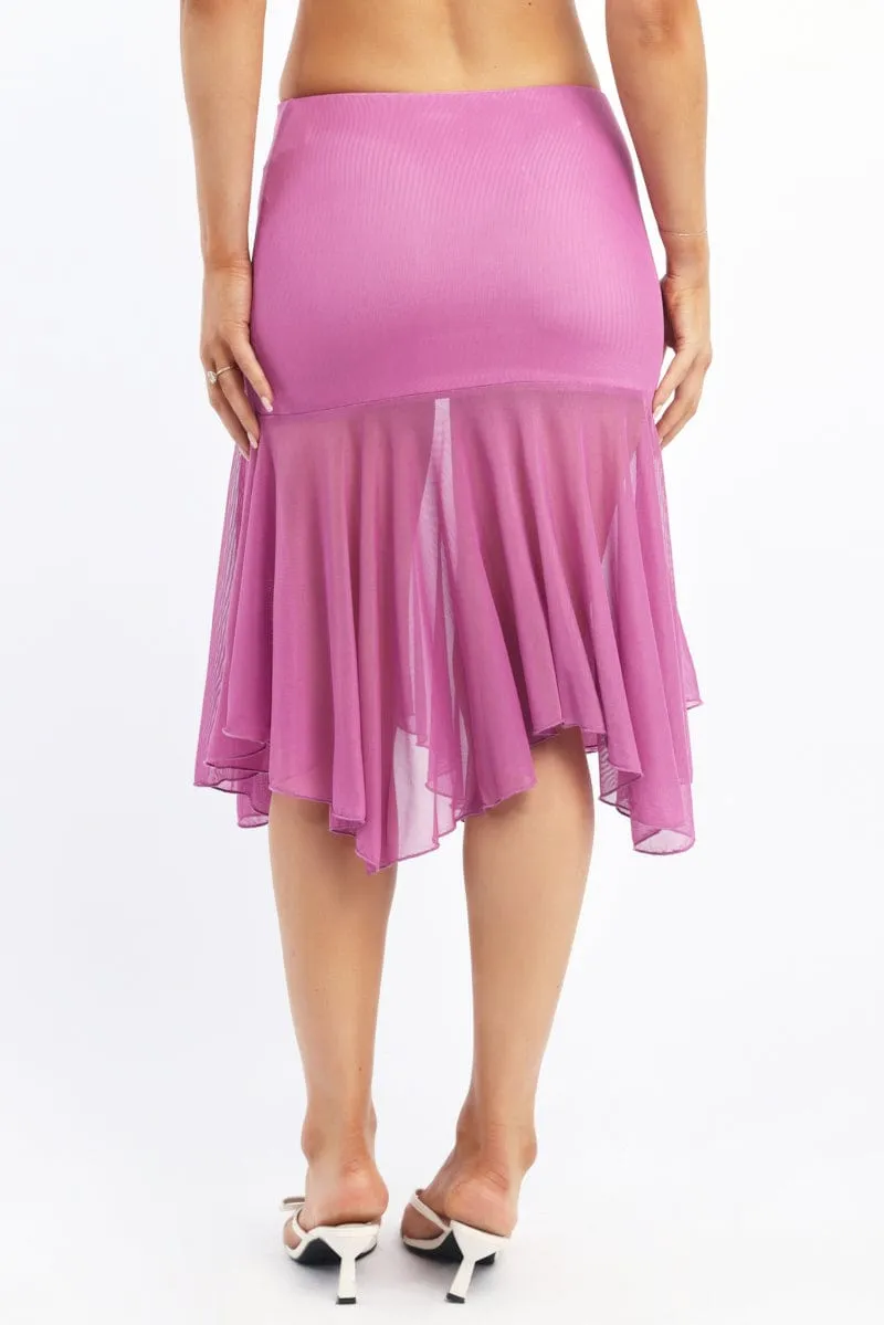 Shape Enhancing Purple Midi Skirt Scarf Hem Asymmetric Mesh Lined