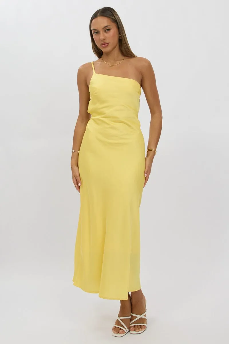 Yellow One Shoulder Dress Satin Hand Stitch Fur Trim