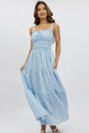 Blue Ditsy Maxi Dress Strappy Tiered Side Slit