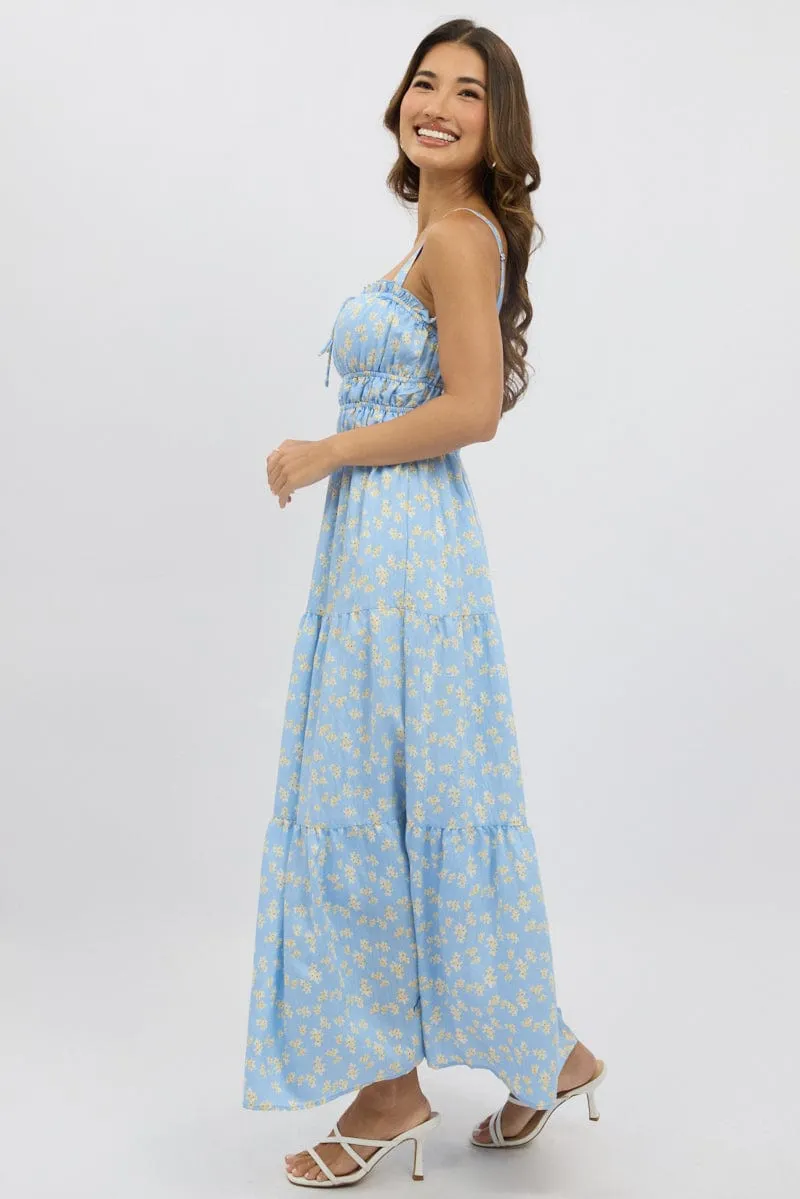 Blue Ditsy Maxi Dress Strappy Tiered Sand Path Tassel Glow