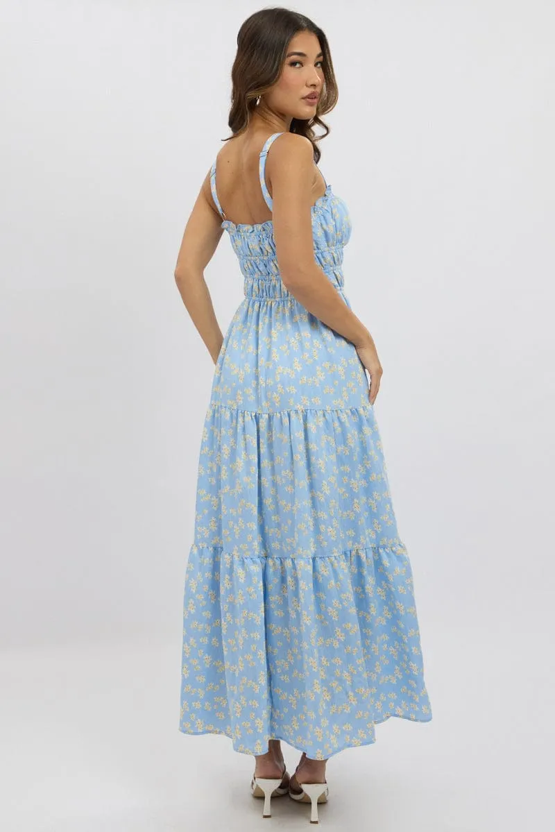 Crafted with high-quality materials this dress ensures both comfort and durability Blue Ditsy Maxi Dress Strappy Tiered