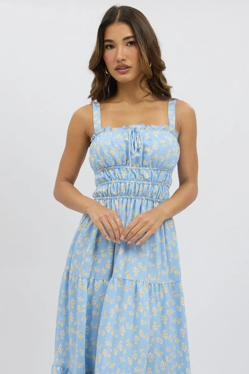 Blue Ditsy Maxi Dress Strappy Tiered Village Path Tassel Glow