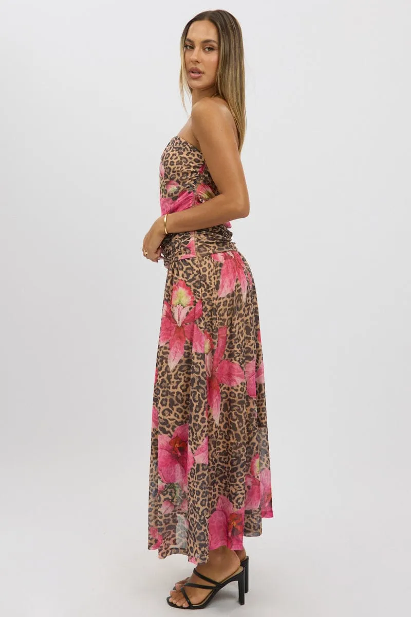 Grain Gold Multi Animal Print Maxi Dress Strapless Drop Waist Mesh