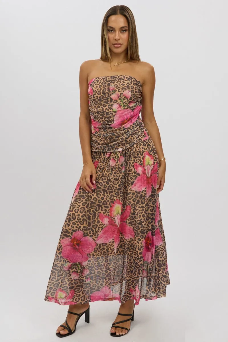 Multi Animal Print Maxi Dress Strapless Drop Waist Mesh Lantern Arm Heat Air