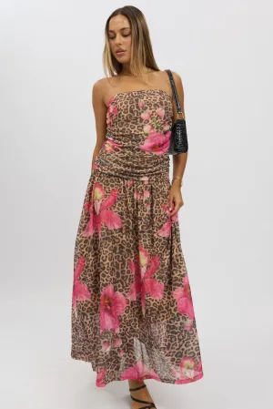 This maxi dress combines classic style with modern comfort for a timeless look Multi Animal Print Maxi Dress Strapless Drop Waist Mesh