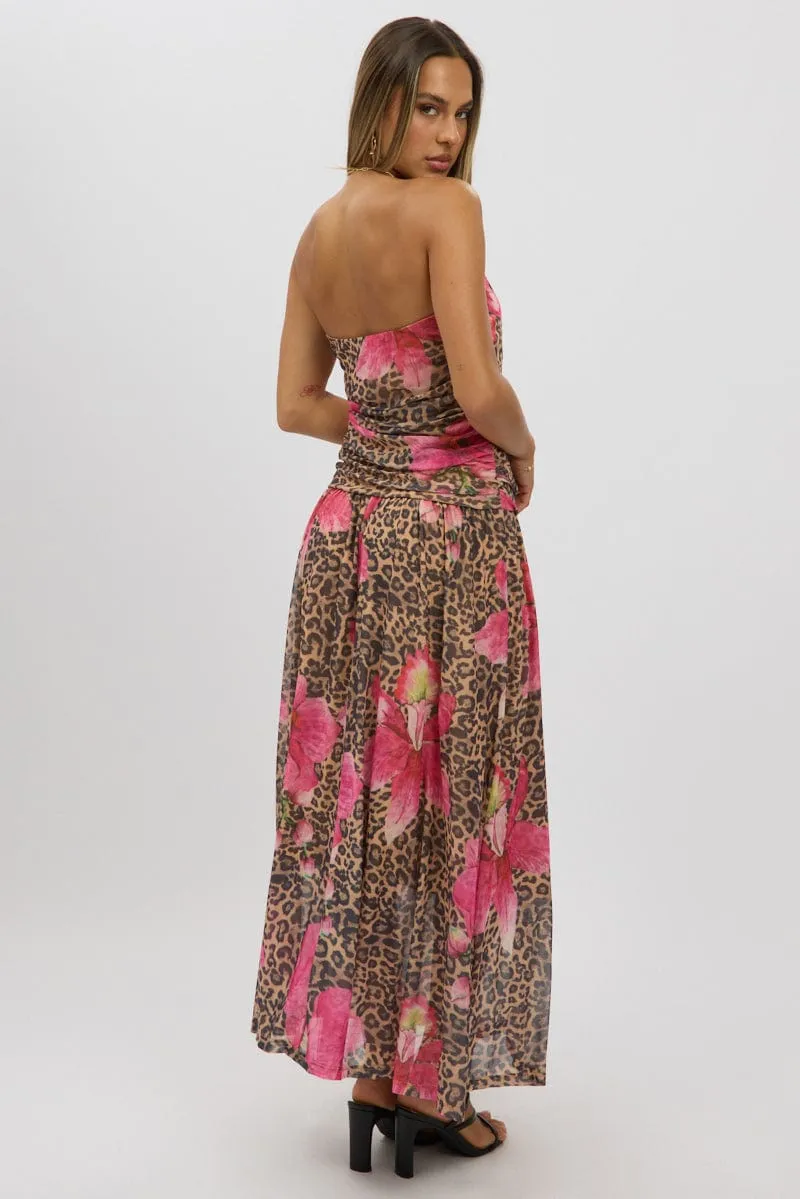 Multi Animal Print Maxi Dress Strapless Drop Waist Mesh Dream Flow