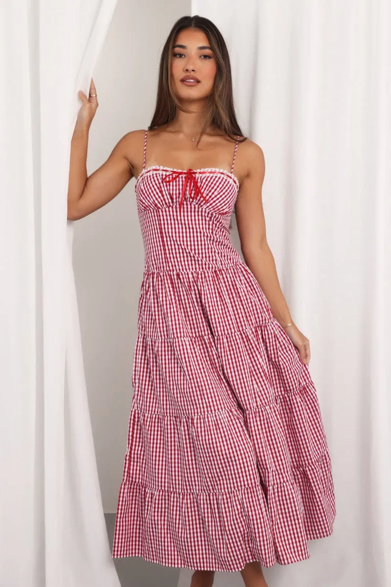 Red Check Maxi Dress Satin Tape Detail Simple yet chic long dress Sunset Glow