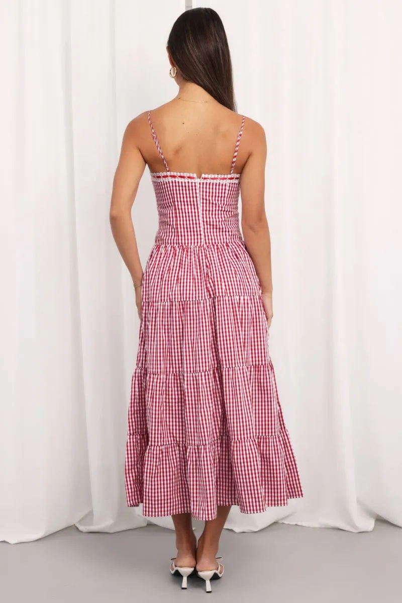 Red Check Maxi Dress Satin Tape Detail Star Glow